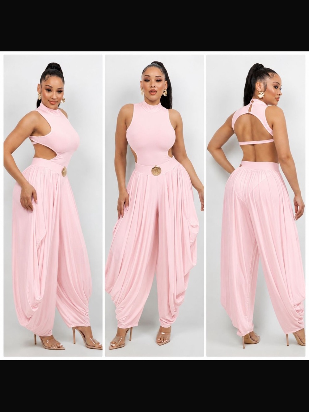 2pc Women's Cutout Harem Pant Set with Gold Accent